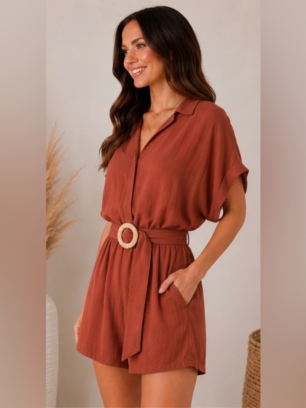 Dress Forum Rust Belted Romper Boho Button Front NWT Size Large
